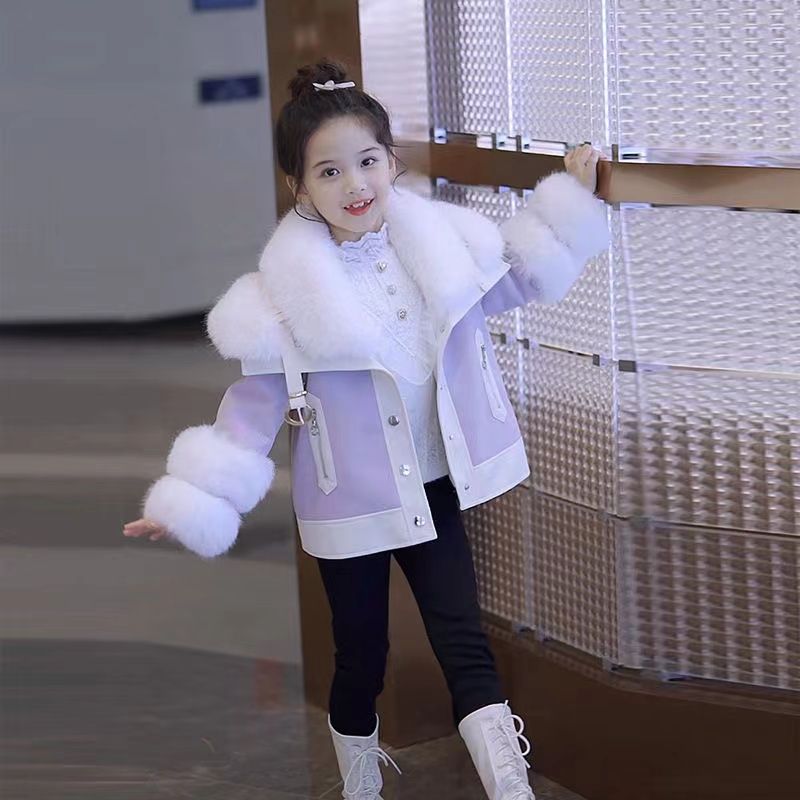 女童加绒加厚外套2023秋冬季装公主儿童皮毛一体毛毛机车皮衣夹克