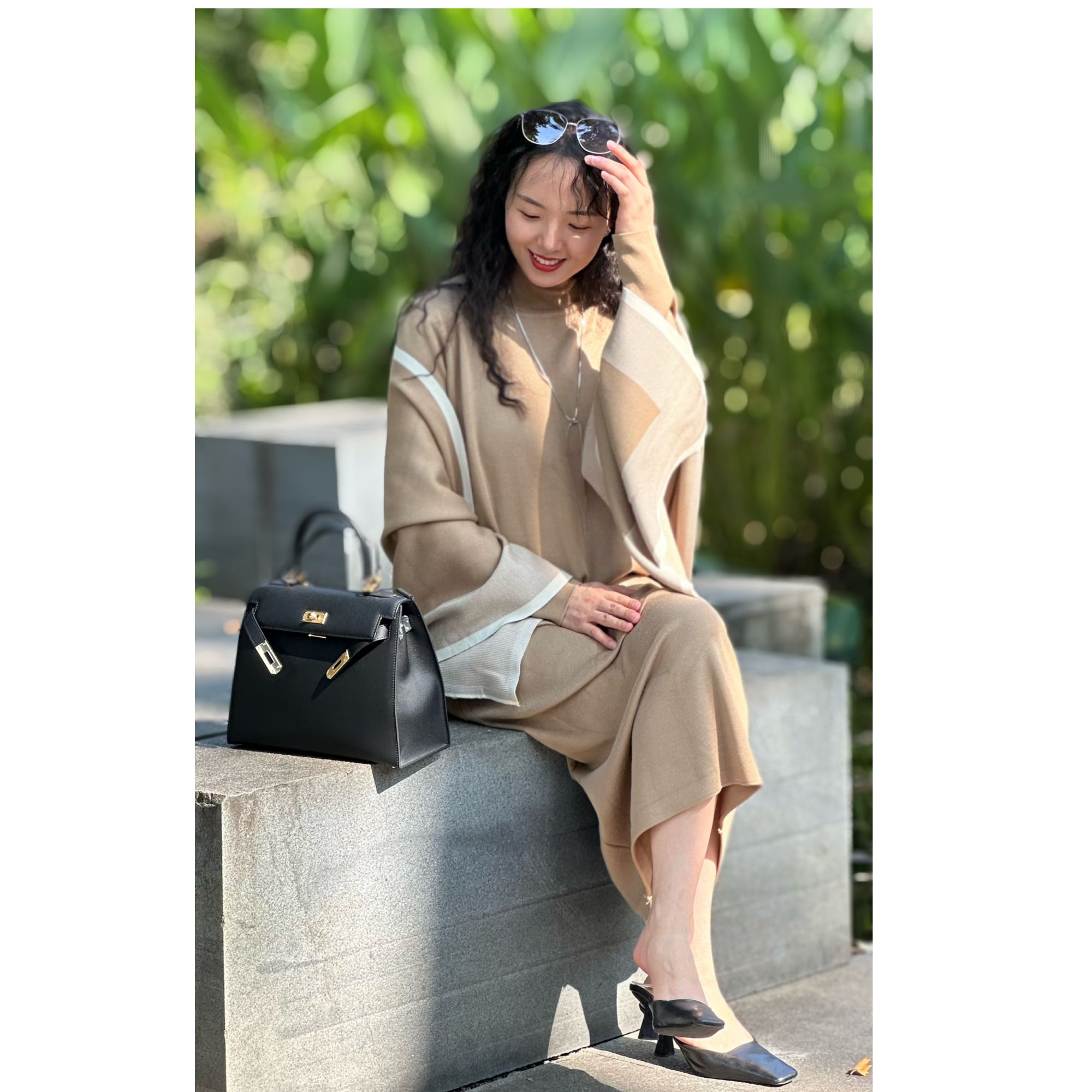 YUANSE/原色【春日暖阳】春日时尚气质优雅轻奢披肩针织长裙套装女