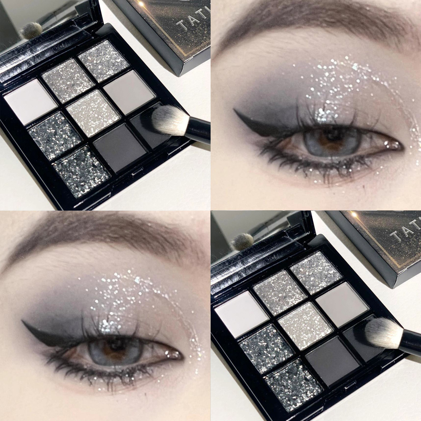 清冷拽姐!黑天鹅九色眼影盘珠光细闪暗黑系金属朋克烟熏妆灰黑色