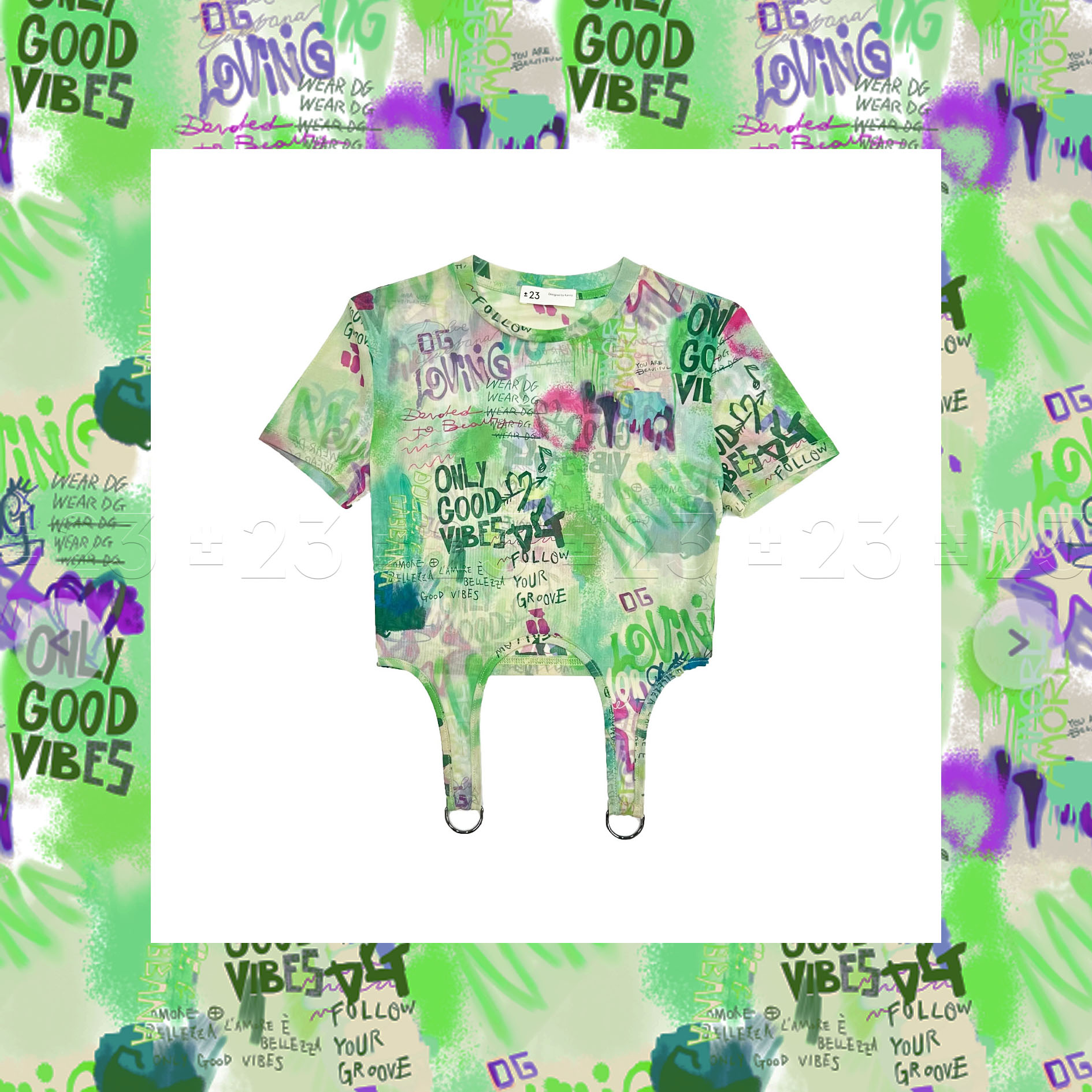 Kenny‘s ±23【反季超级大促彩绘】SS24012绿色涂鸦网纱短款圆领T恤