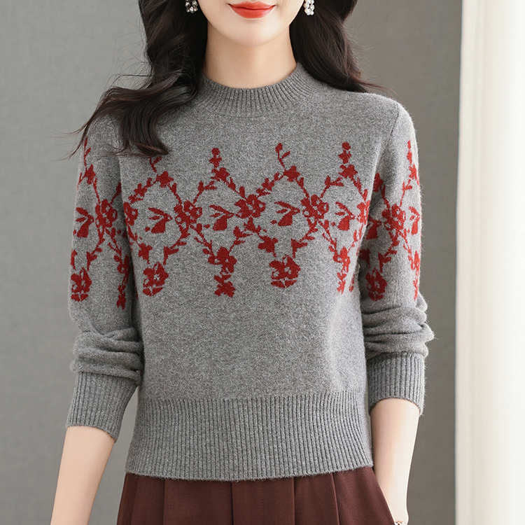 【绵羊毛】洋气2025秋冬女装半高领提花保暖加厚内搭套头打底毛衣