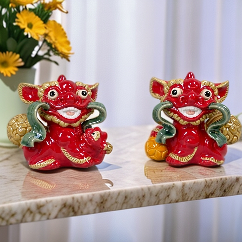 MEITAO/美陶 吉祥狮子 茶台桌面创意喜庆瑞兽博古酒柜陶瓷小摆件