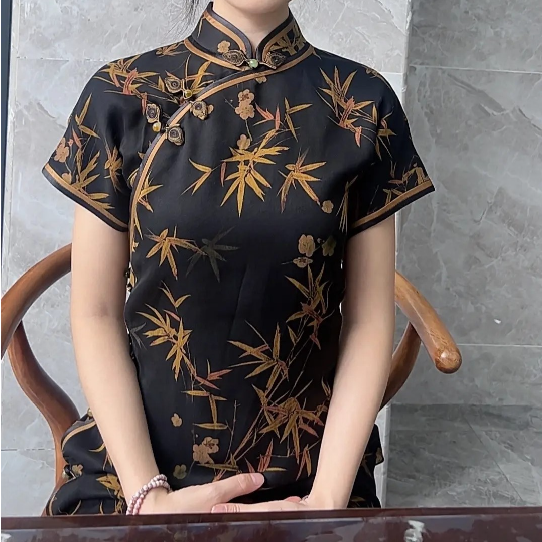 喜悦【金竹】桑蚕丝春秋优雅复古气质中式旗袍