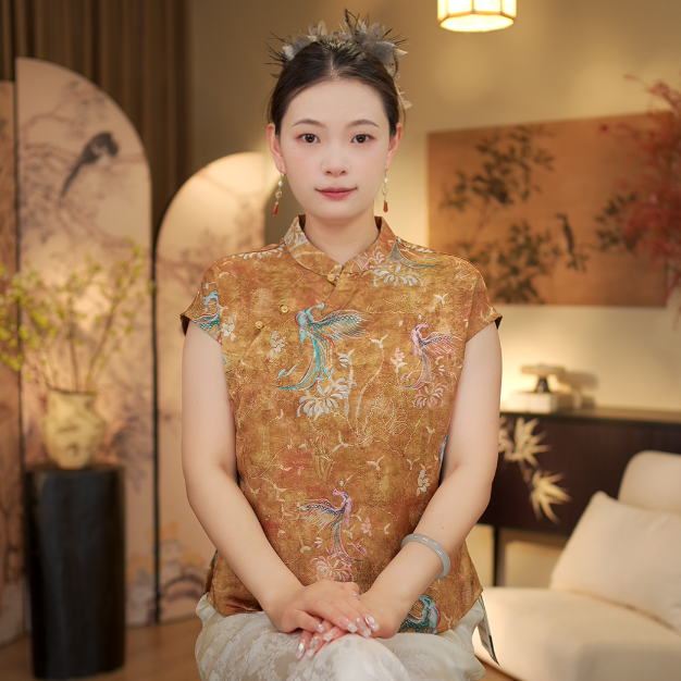 凤鸣朝阳 提花盘扣斜襟款国风T恤1057