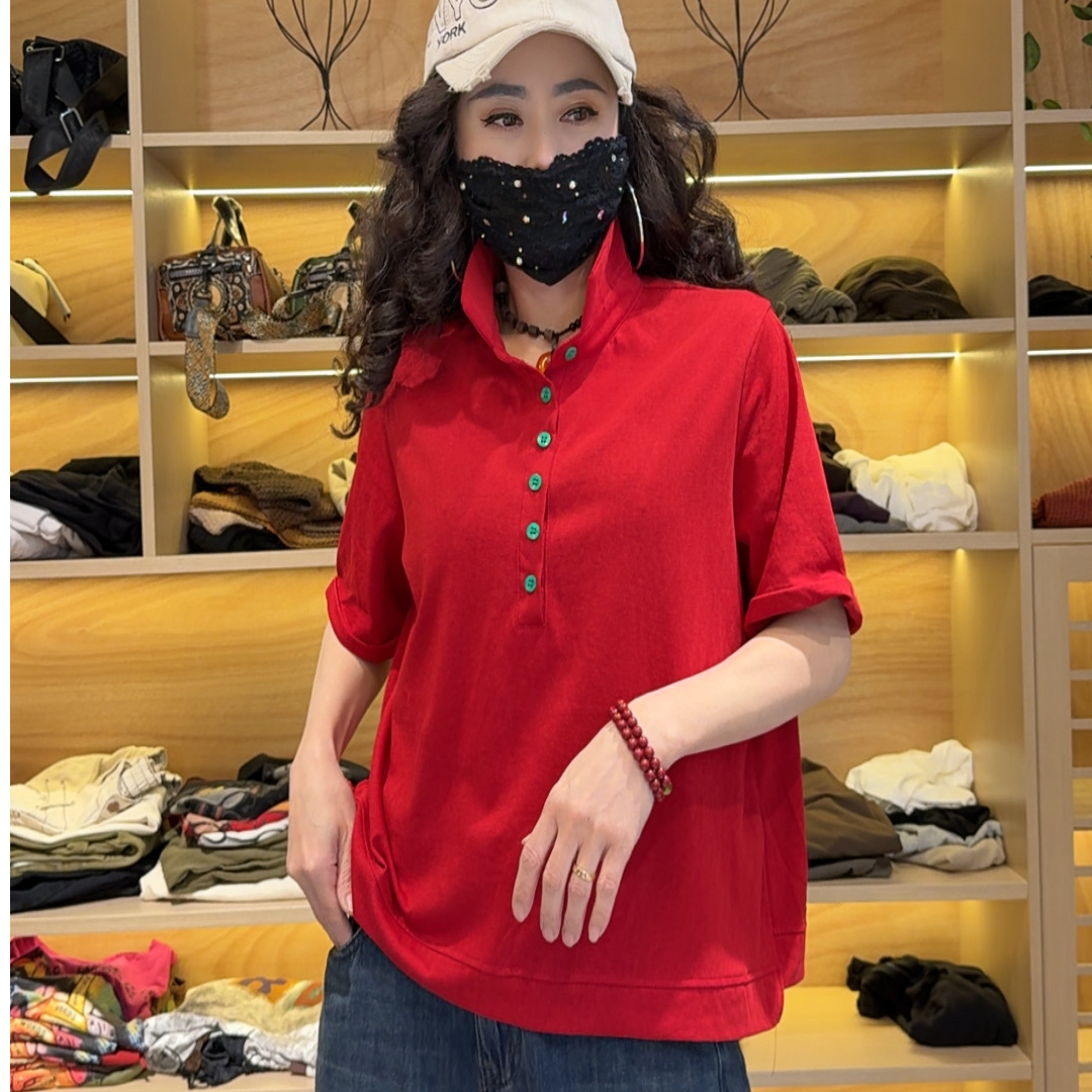 26595夏款简约百搭纯色翻领彩扣T恤