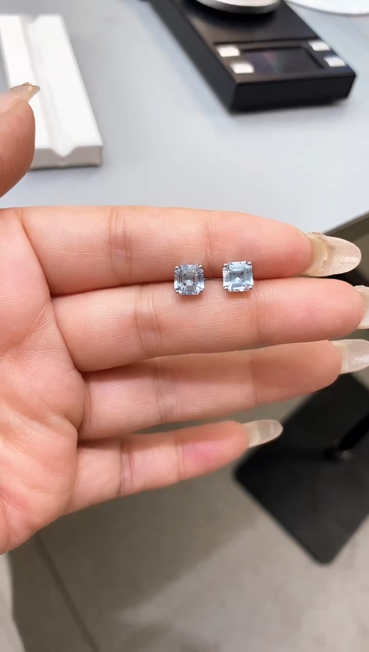 海蓝宝石耳饰银S925镶嵌天然海蓝宝耳钉