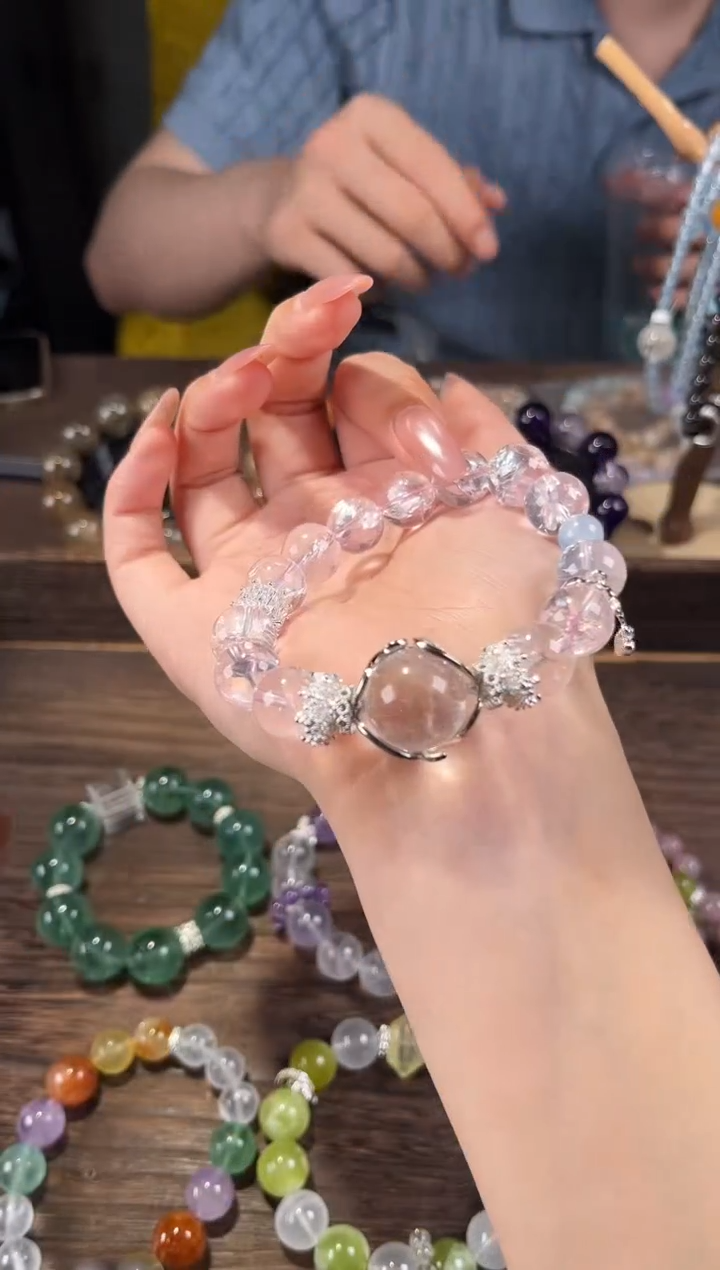 手链未镶嵌水晶粉水晶阿塞+单白水晶阿塞