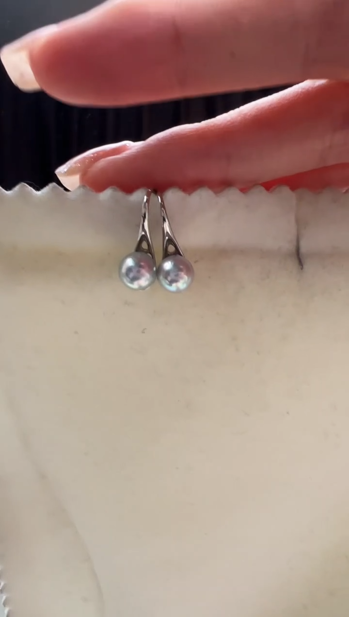 银S925镶嵌海水珍珠DA灰珠耳钩 xc012 6-7