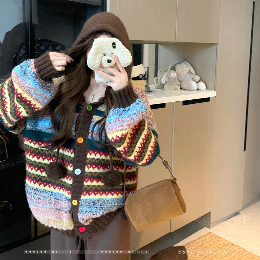 大码时尚日常宽松撞色设计感舒适外穿慵懒风毛衣外套开衫女