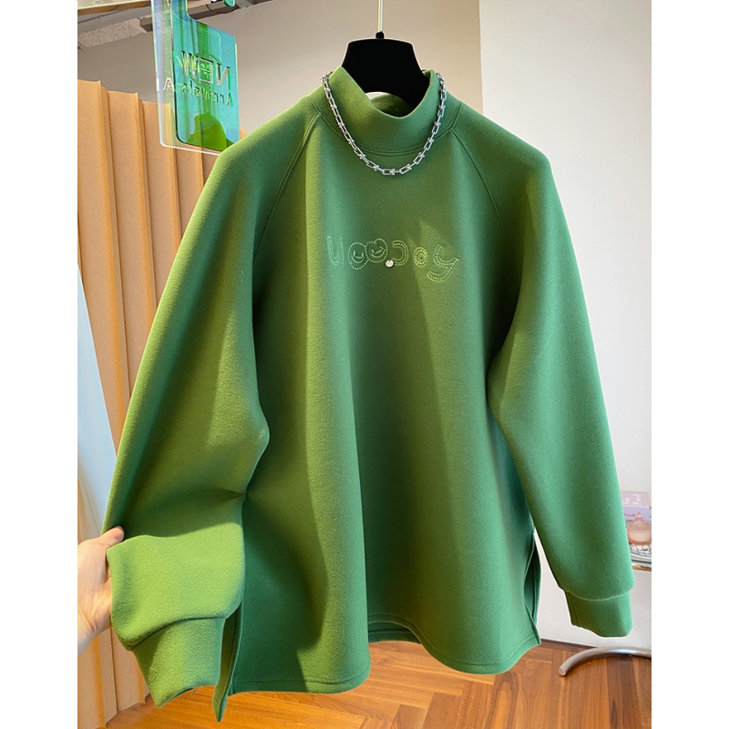 绿色半高领加绒卫衣女秋冬2025新款宽松磨毛内搭软糯打底衫上衣
