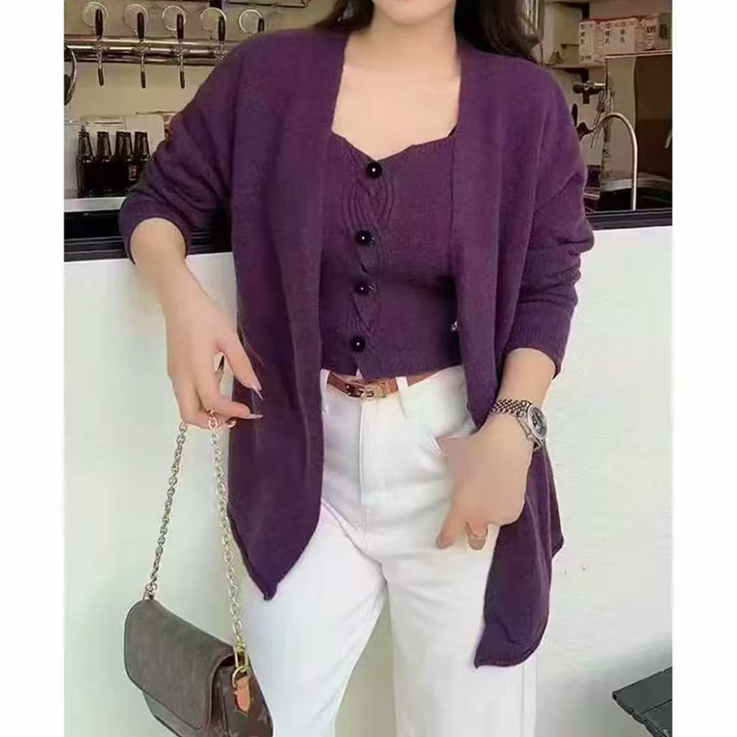 2025秋季新款显瘦慵懒风针织开衫外套+背心两件套百搭女套装7719