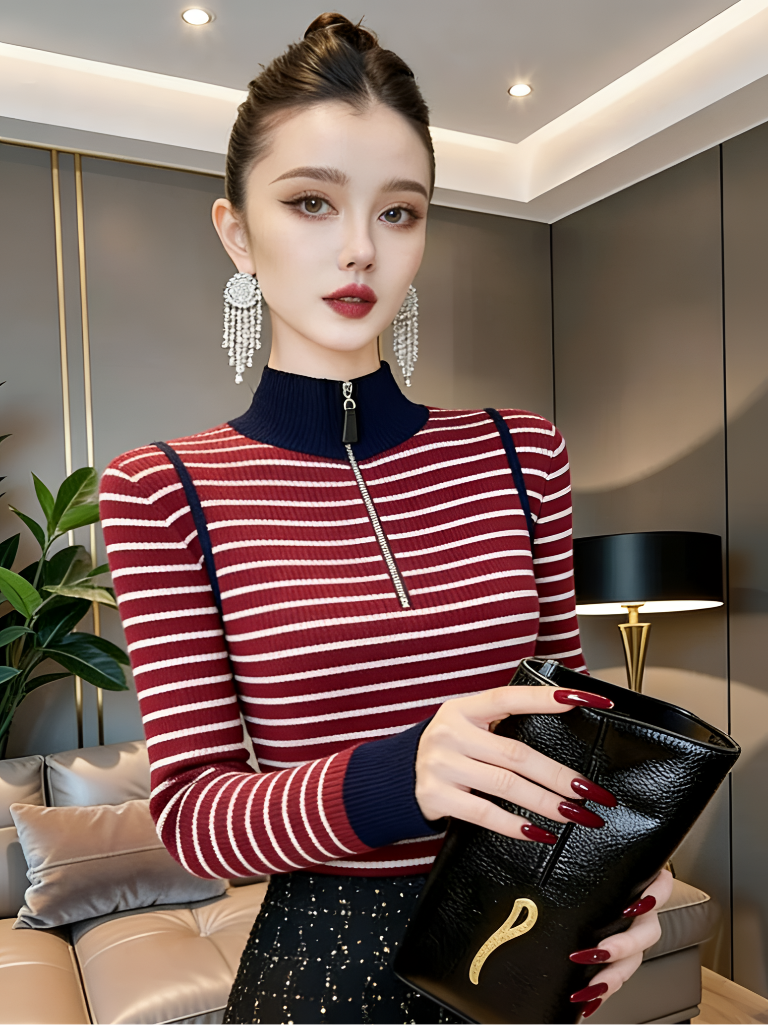 拉链半高领条纹毛衣女套头2025冬新款洋气减龄加厚宽松针织打底衫