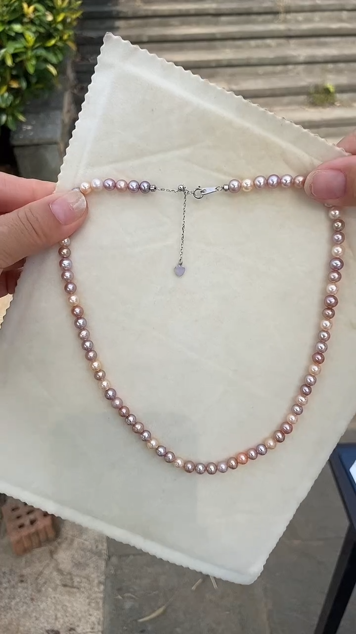颈饰银S925镶嵌淡水珍珠5-6mm天然淡水糖果色珍珠项链