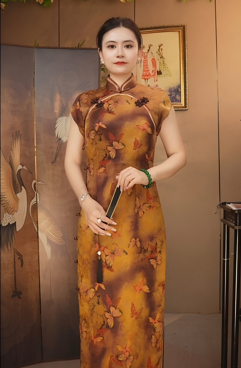 如丝专属【蝶恋花】靓影儿桑蚕丝香云纱手工扣包肩袖美玲襟蝴蝶旗袍