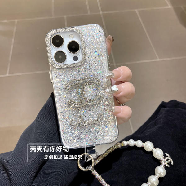 适用苹果华为荣耀oppo/vivo小米手机壳闪粉微透钻框个性防摔手链