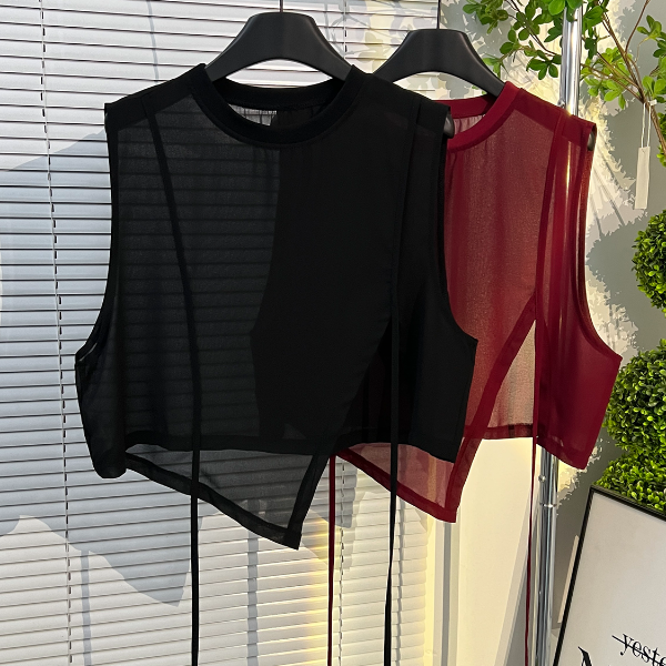 欧货洋气网纱上衣女2025夏季新款显瘦圆领不规则雪纺无袖背心马夹