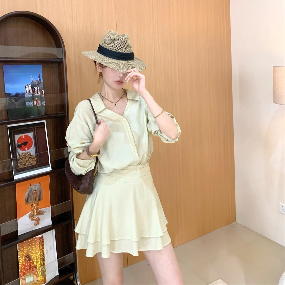 高端货~夏季新款韩版v领七分袖衬衫女上衣裤裙套装女穿搭一整套薄