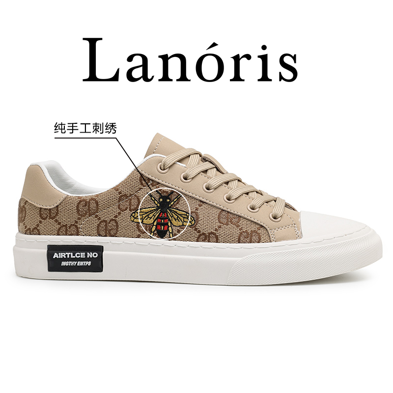 Lanoris轻奢意大利男鞋板鞋透气小蜜蜂刺绣休闲鞋子男纯手工男鞋