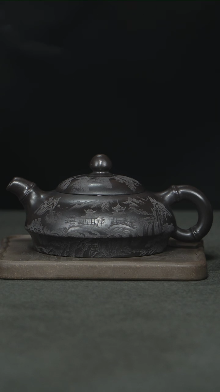 【闪购商品】紫砂茶杯石黄刻绘山水