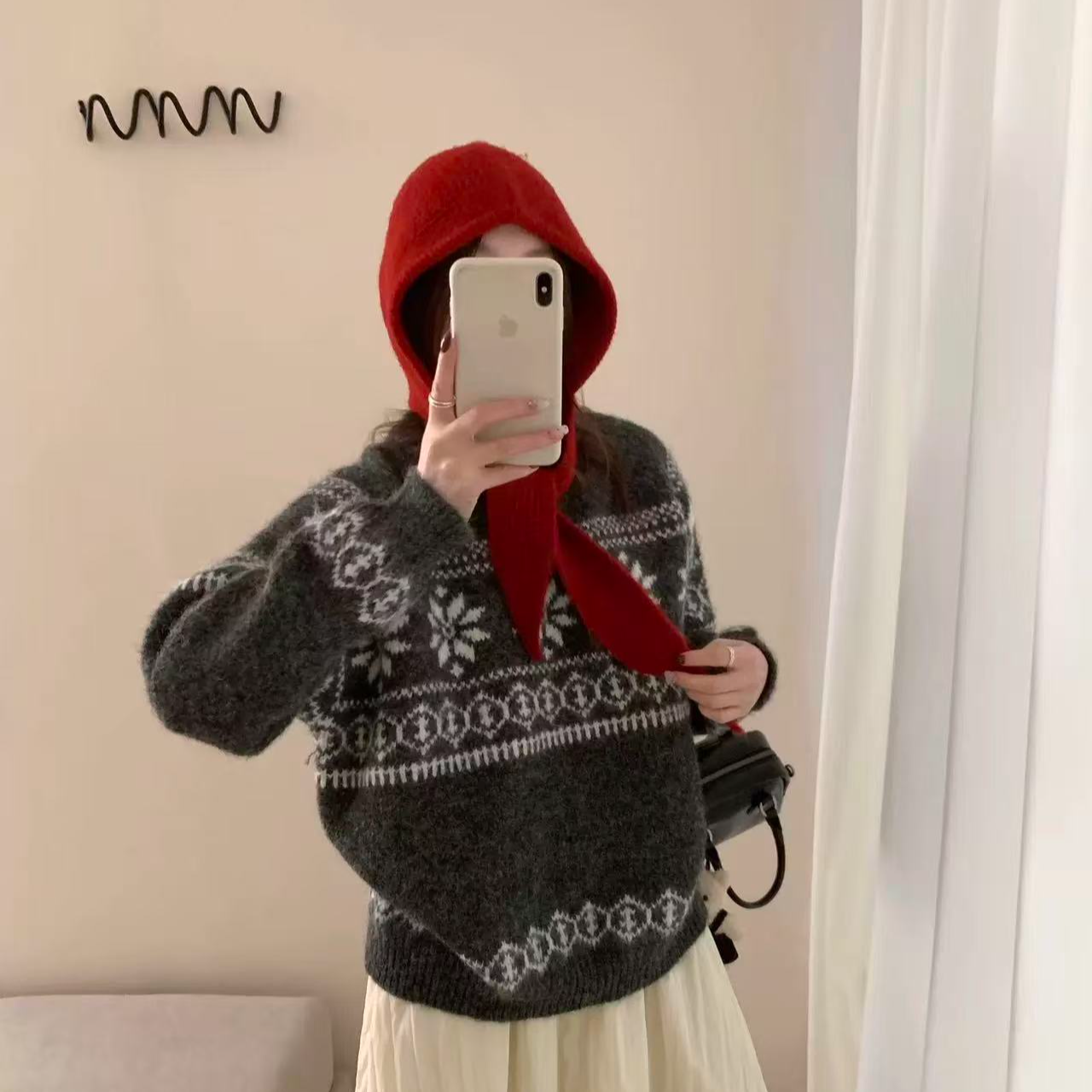 圣诞费尔岛提花针织衫女秋冬复古撞色雪花提花长袖套头毛衣-5820