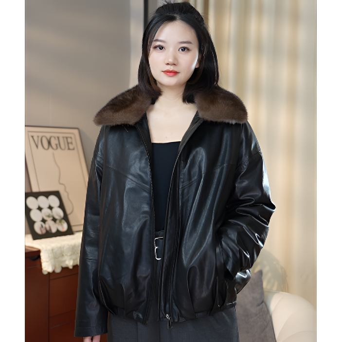 海宁皮衣真皮羽绒服90白鹅绒全植鞣头层绵羊皮水貂毛领可脱卸外套