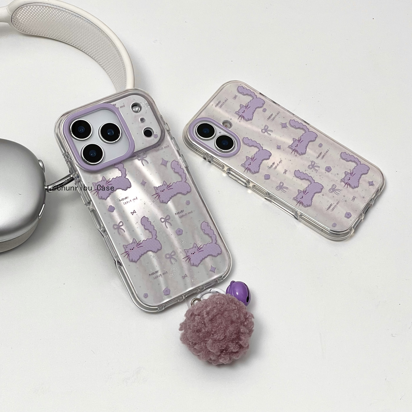 日韩卡通镭射紫色小猫小清新适用苹果17/16promax手机壳15/14/13