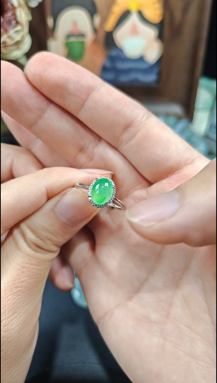 银S925镶嵌戒指翡翠翡翠戒指S925银镶嵌