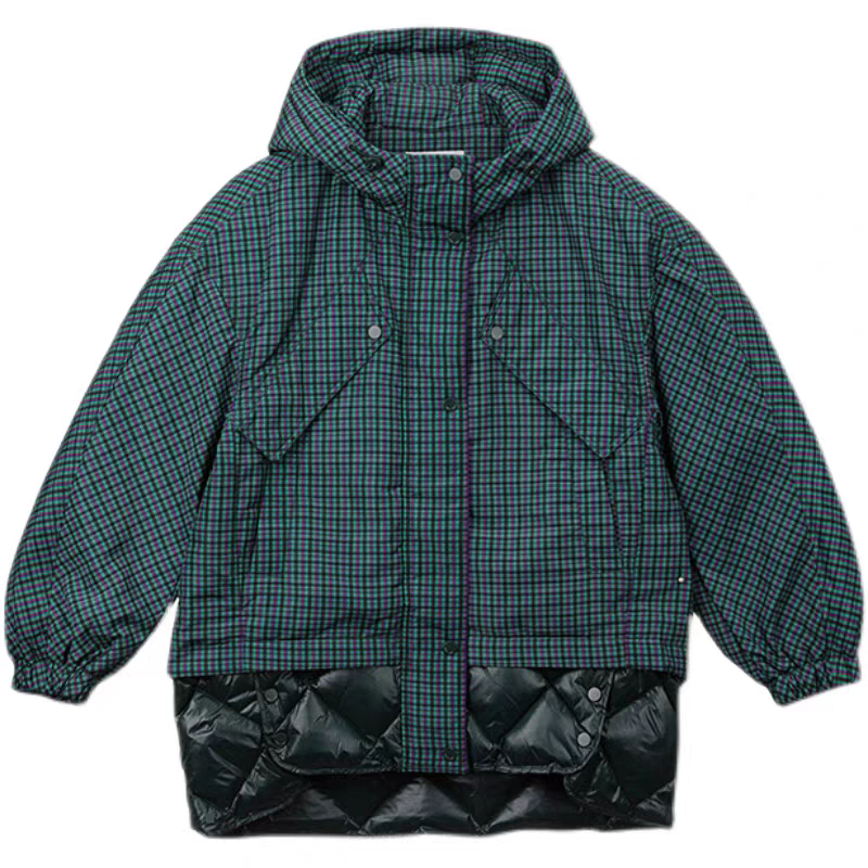 JJ冬款女式绿色格子休闲百搭气质连帽格纹棉服1561