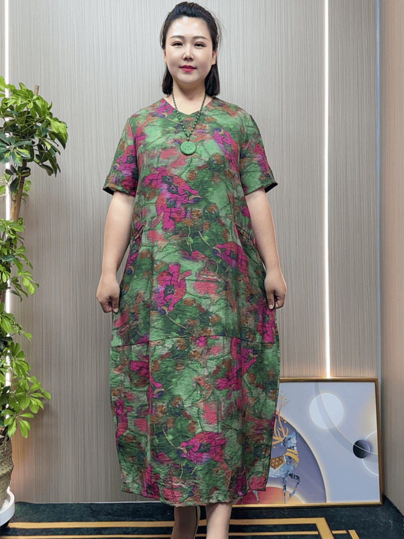 加肥加大码妈妈装夏季中长裙民族风复古气质国风短袖花色连衣裙