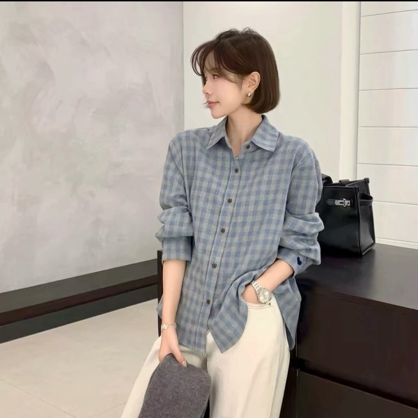 港风韩版穿搭格子磨毛幂式穿搭中长款格子衬衫长袖慵懒风