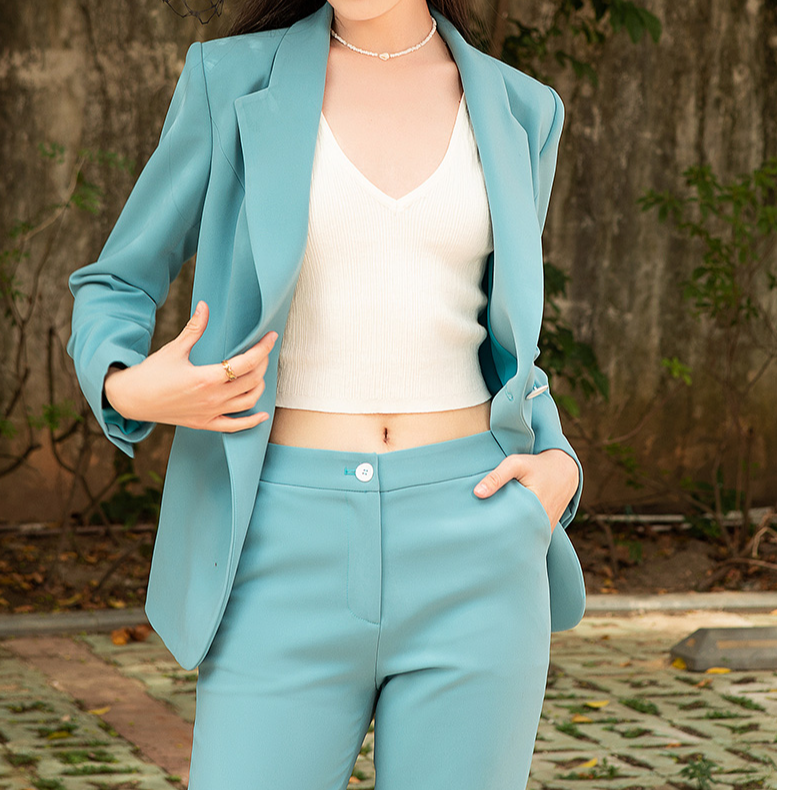 C1310高端孔雀蓝色西服套裤女秋季新款时尚气质职业套装商务正装A