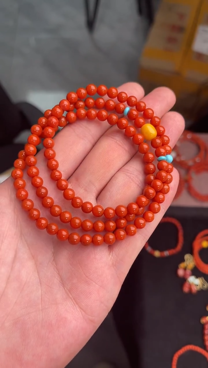 未镶嵌手串南红玛瑙柿子红满色满肉三圈蜜蜡QF-C83（多样性发一）