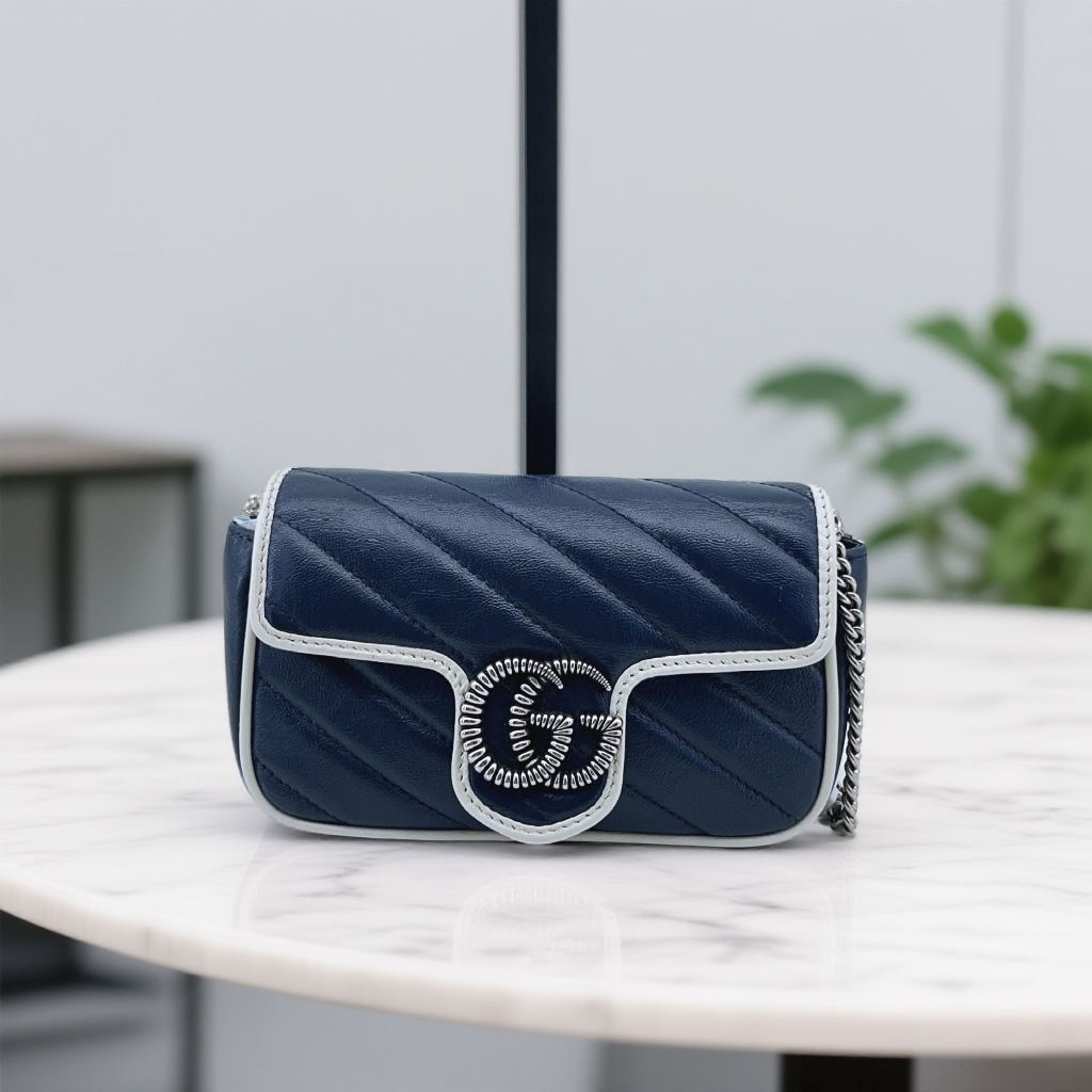 95新 GUCCI/古驰 蓝拼白边马蒙链条包 1760 4656