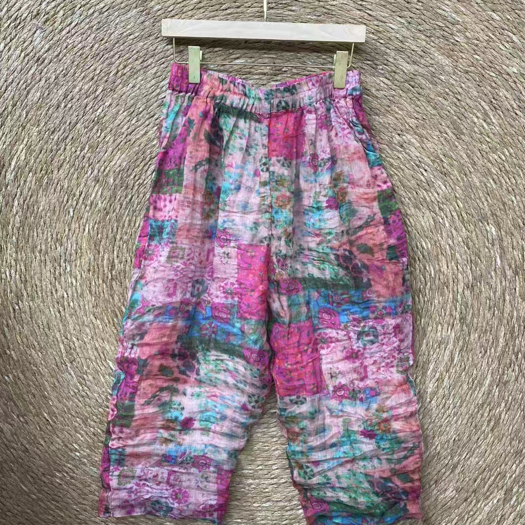 春夏女装新款100织苎麻印花品质国风大码带内衬松紧腰百搭小脚裤