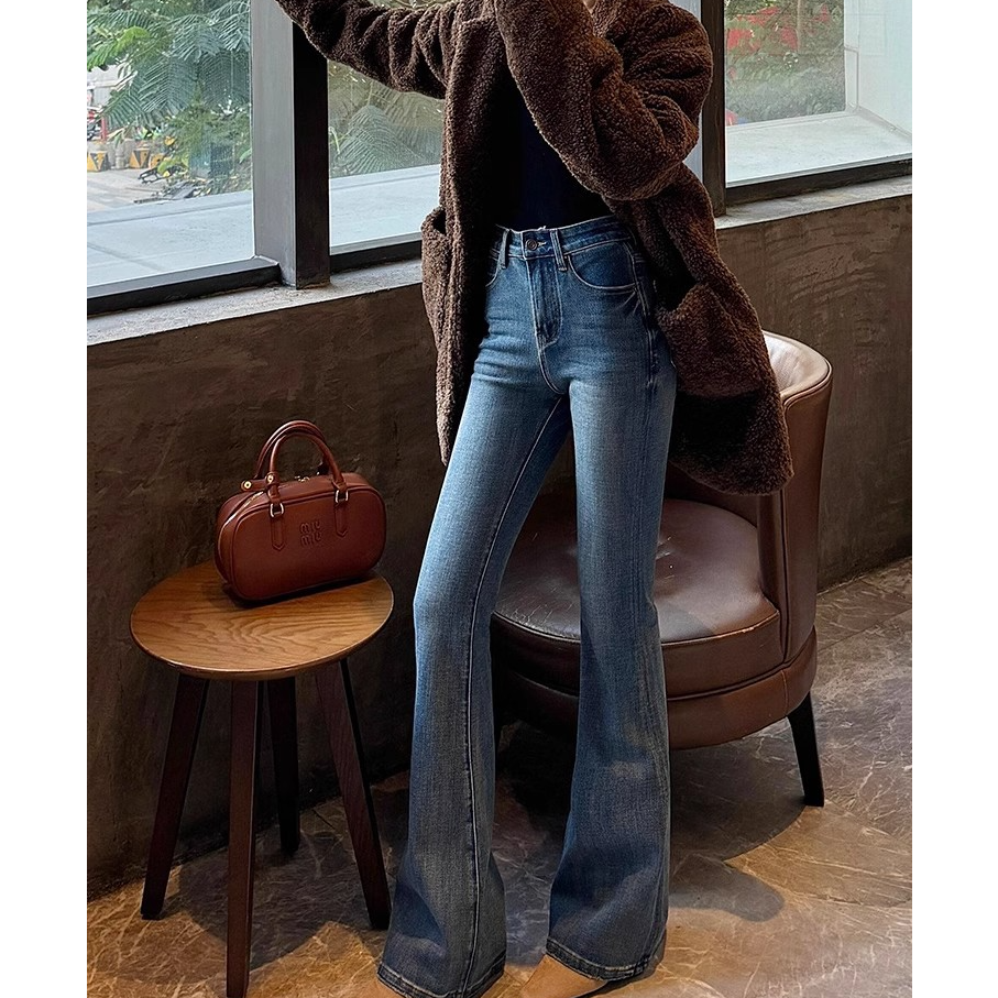 Nana高腰微喇叭牛仔裤女2025秋冬加绒加厚高级蓝色修身显瘦牛仔裤