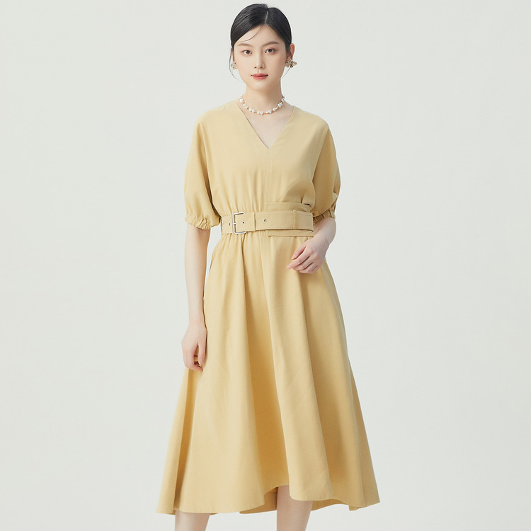 阿玛施夏季小众设计新款气质V领松紧边短袖腰带连衣裙女5500371