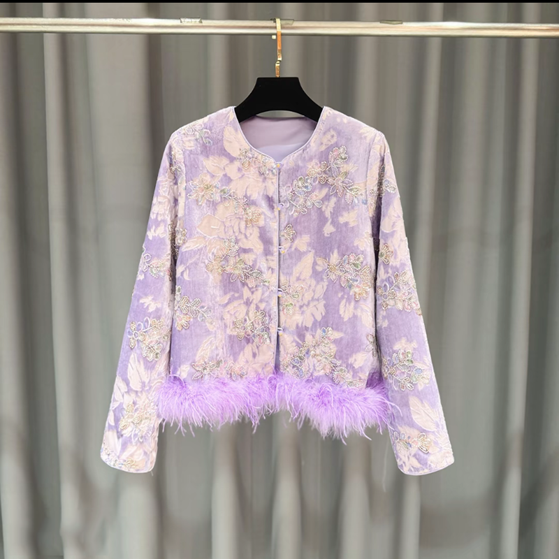 25樱花粉紫色秋冬女外套气质长袖中国风时尚复古中式提花棉服外套