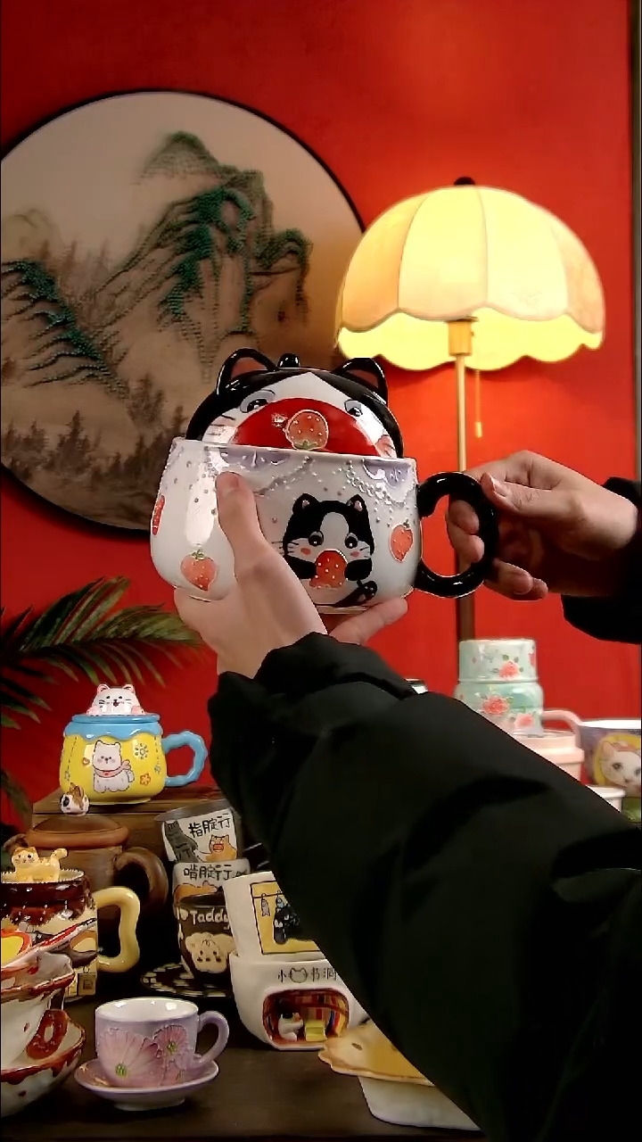 杯子瓷DIY景德镇创意手工陶瓷卡通风猫猫泡面碗