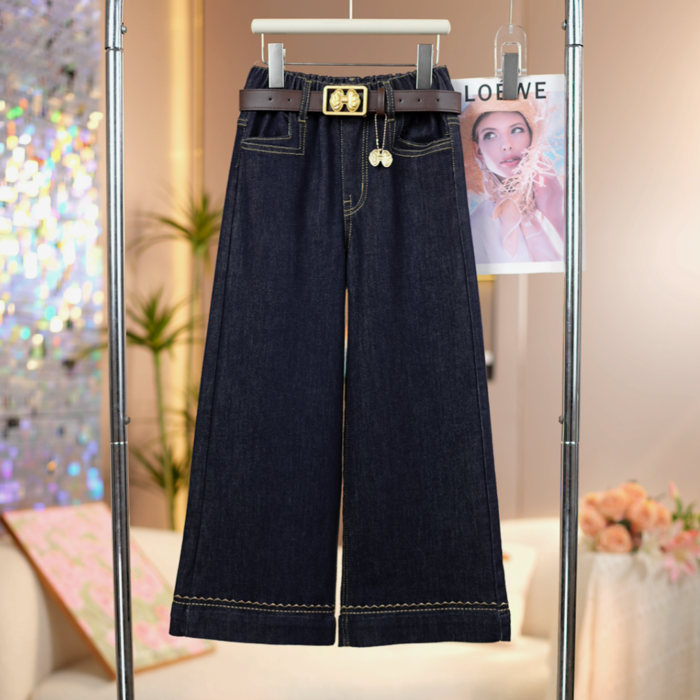 女童加绒净色脚口刺绣牛仔裤2025冬季新款中大童百搭儿童直筒裤子