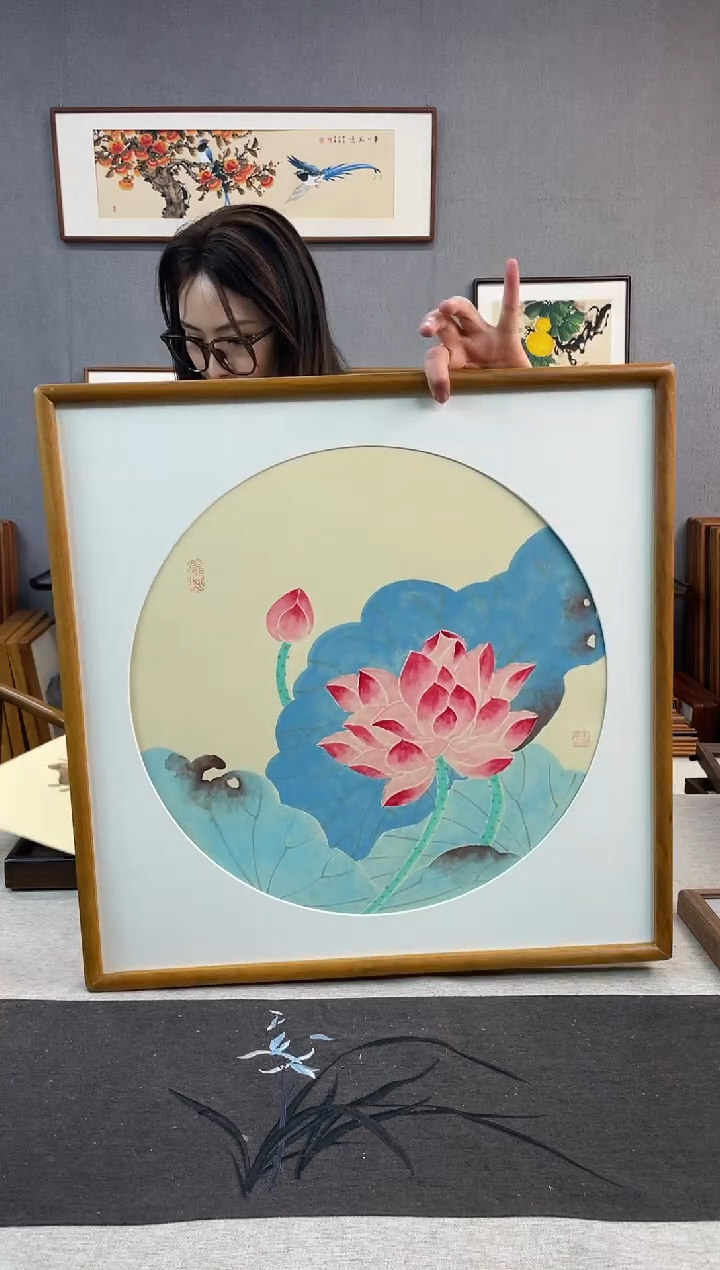 国画手写手绘带框作品-52*52-荷花