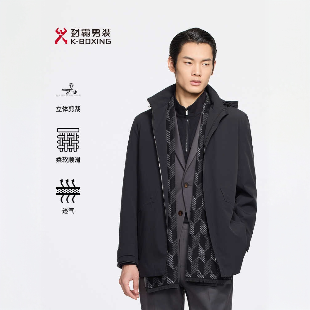 K-boxing/劲霸男装秋季商务中长款连帽休闲夹克外套男款|BKZE3291