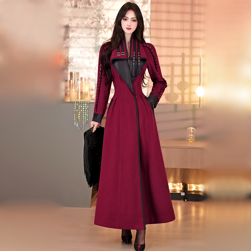 冬季欧美时尚设计感拼接大衣2025新款女神范气质收腰过膝长外套