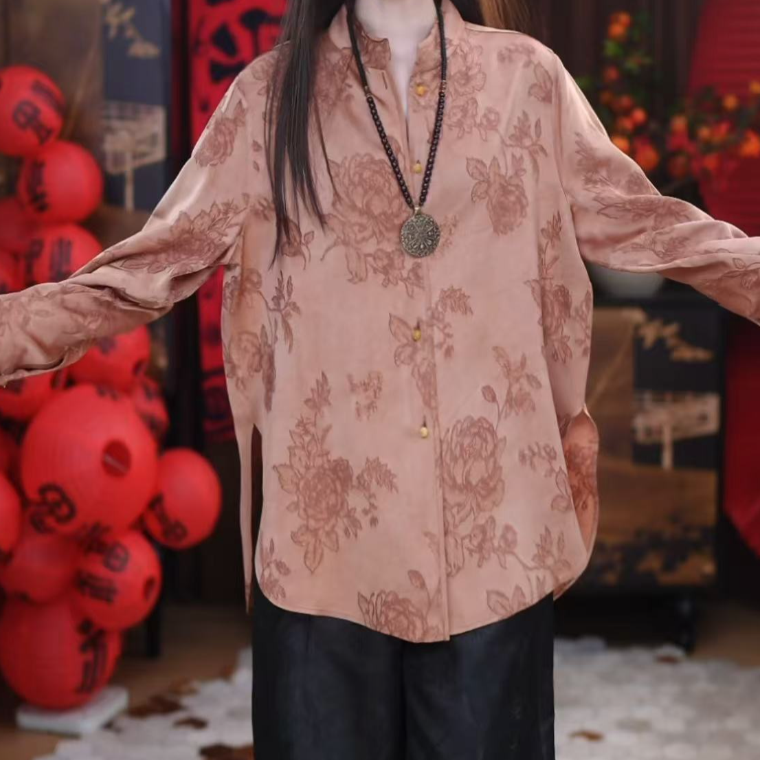【珺瑶】粉色内搭时尚复古提花长袖立领宽松国风立领衬衣衬衫