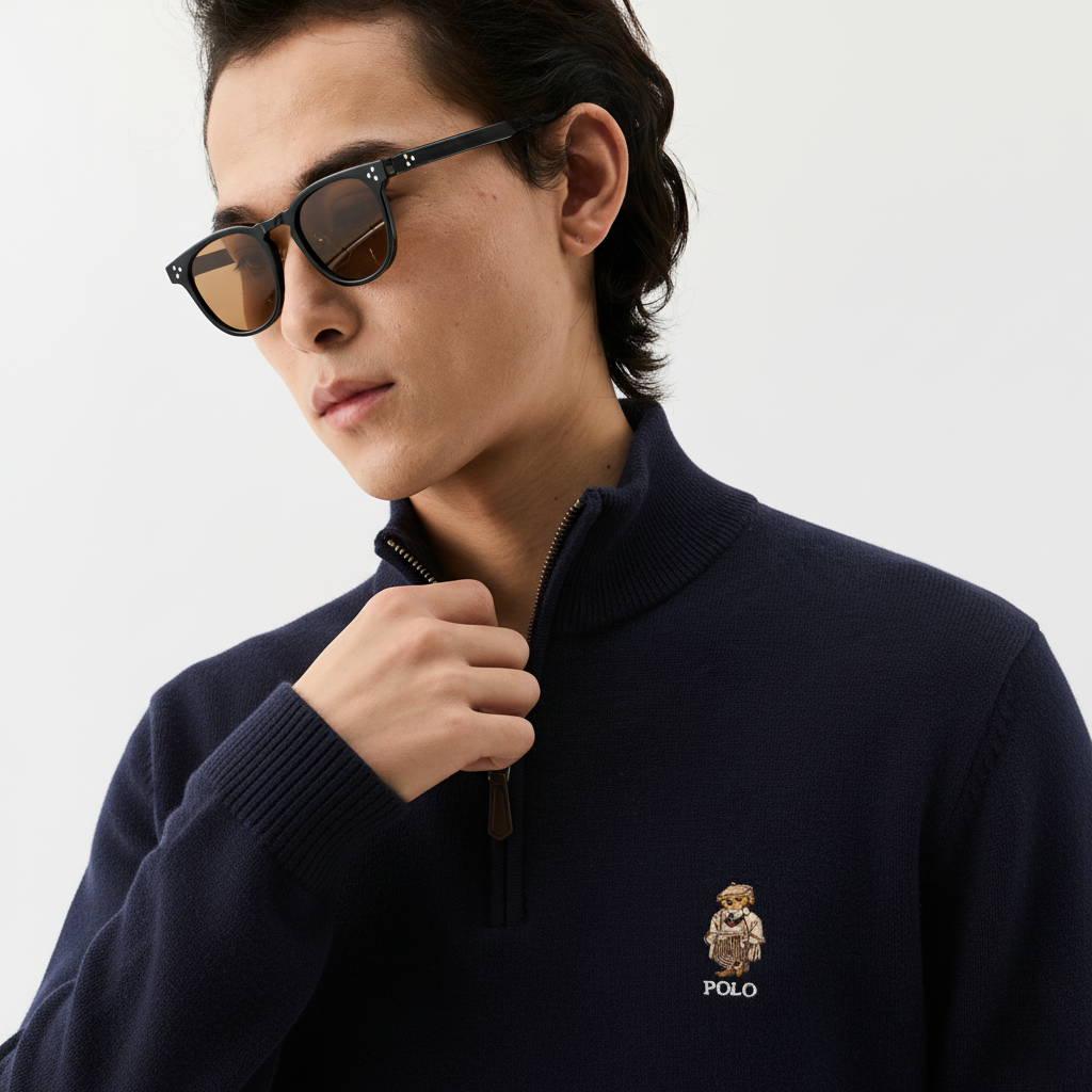 小熊POLO刺绣绵羊毛半拉链针织衫百搭保暖长袖毛衣 奢品代工厂