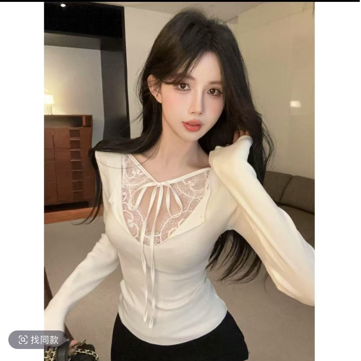 修身型V领系带长袖T恤蕾丝针织修身纯欲秋季春季法式辣妹短款