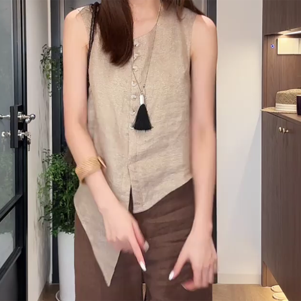 设计感无袖背心前后不规则单排纽扣纯色圆领无袖衬衫C5755