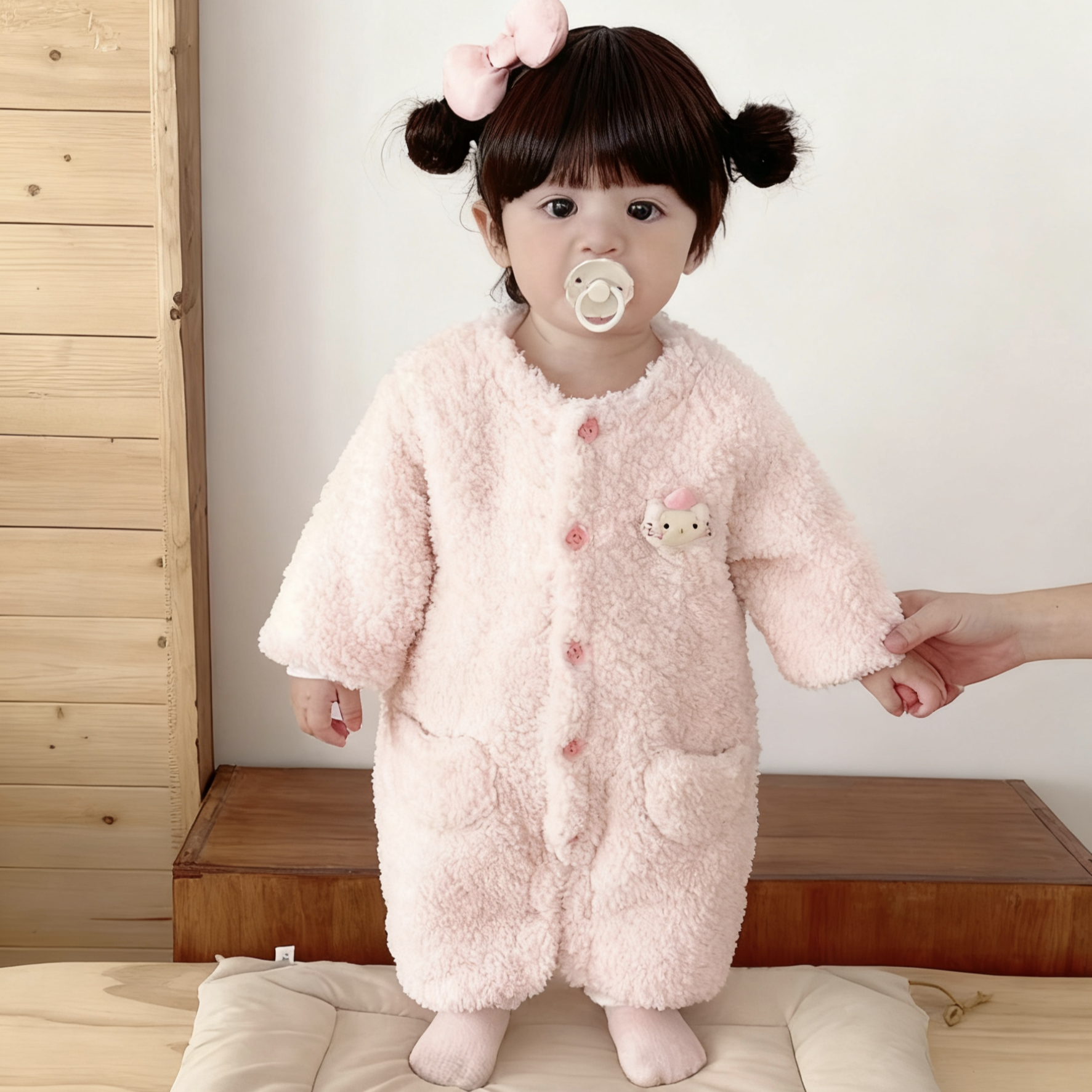 冬季新生儿可爱无领云朵绒猫咪连体衣爬服哈衣