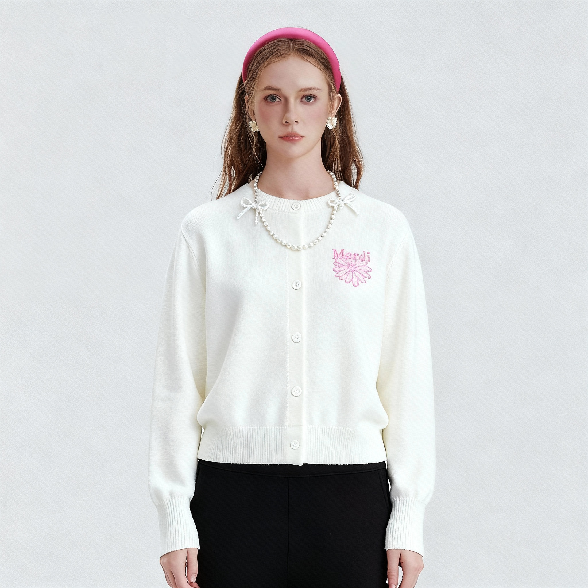 Mardi短款小雏菊针织秋季花纹毛针织衫春秋上衣秋装女装