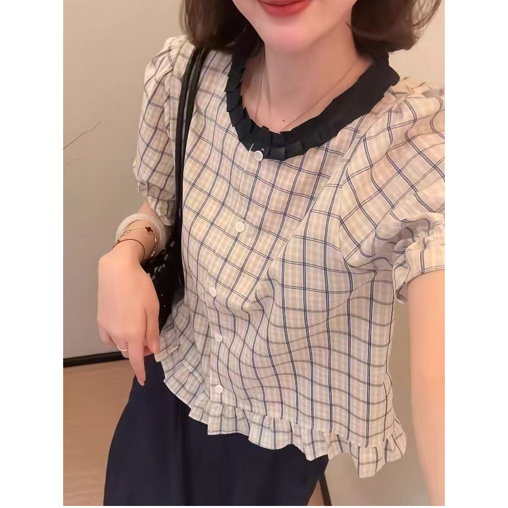 【全额运费补贴】法式木耳边格子短袖衬衫女夏季小衫气质上衣7705