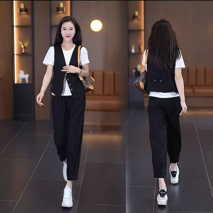 2025夏季新款时尚休闲套装宽松百搭开衫马甲直筒裤三件套2109【3】